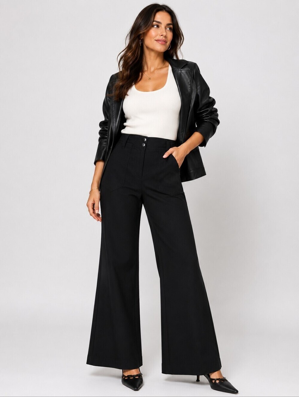 Anthropologie Maeve Naomi Wide Leg Flare Pants Black High Rise Stretch Trouser 2
